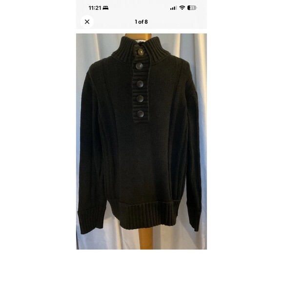 L.L.Bean Mens Lg Cotton-Wool Fisherman Knit Sweater Button-Mock Neck Black/Gray - Picture 1 of 8